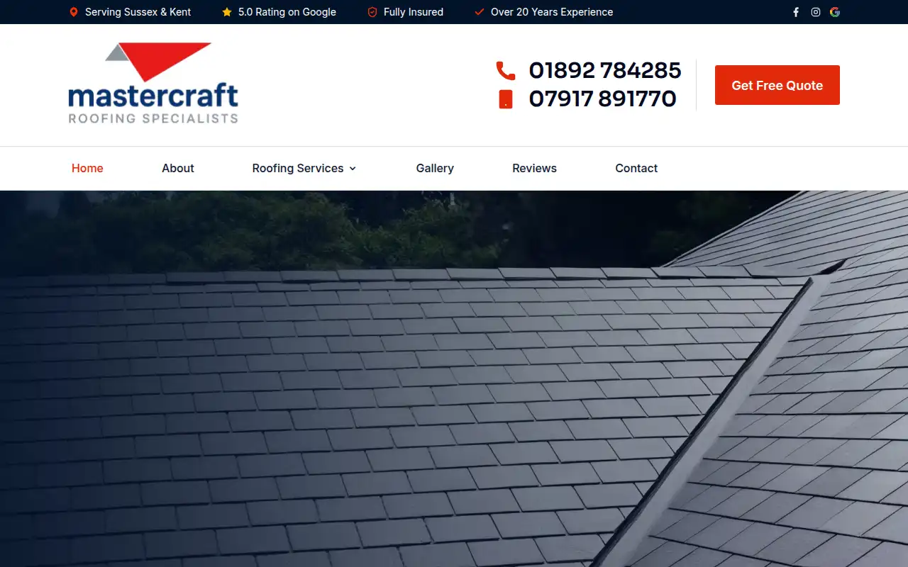 Mastercraft Roofing Specialists website homepage