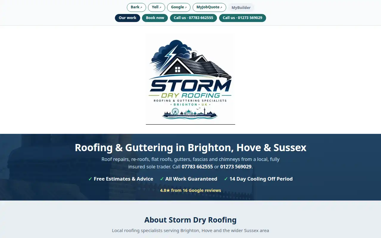 Storm Dry Roofing website homepage